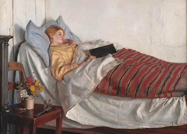 邁克爾彼得安徹（Michael Peter Ancher）作品《生病的女孩》（The Sick Girl）局部，1882年創作。哥本哈根丹麥國立美術館（Statens Museum for Kunst, Copenhagen）。現今的「床」代表舒適之處。（公有領域）
