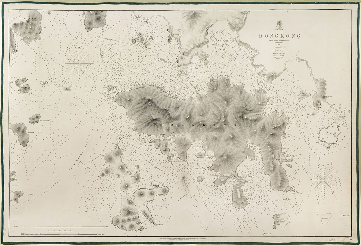 1843年愛德華 ·卑路乍爵士繪製的香港地圖。（典雅藝博提供）