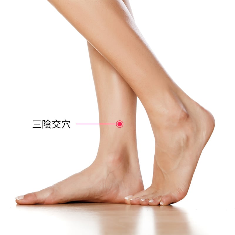 三陰交穴位於腳踝上方3寸處，在小腿內側、脛骨的後側。（大紀元製圖）