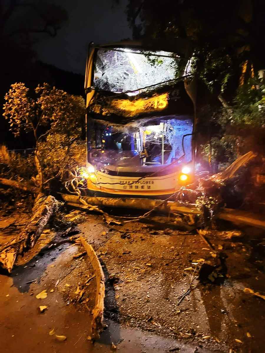 一輛雙層巴士昨晚於山頂道92號對開，被一棵塌樹擊中，造成7人受傷，需送院治理，意外造成多條巴士線需要改道。（香港公共交通智庫）