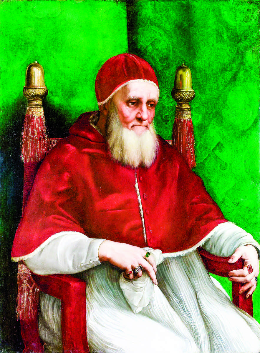 ▲ 該油畫由拉斐爾於1511～1512年為教宗儒略二世（Portrait of Pope Julius II）創作。畫作非比尋常，並對後世教宗肖像畫產生了長期影響。（公有領域）