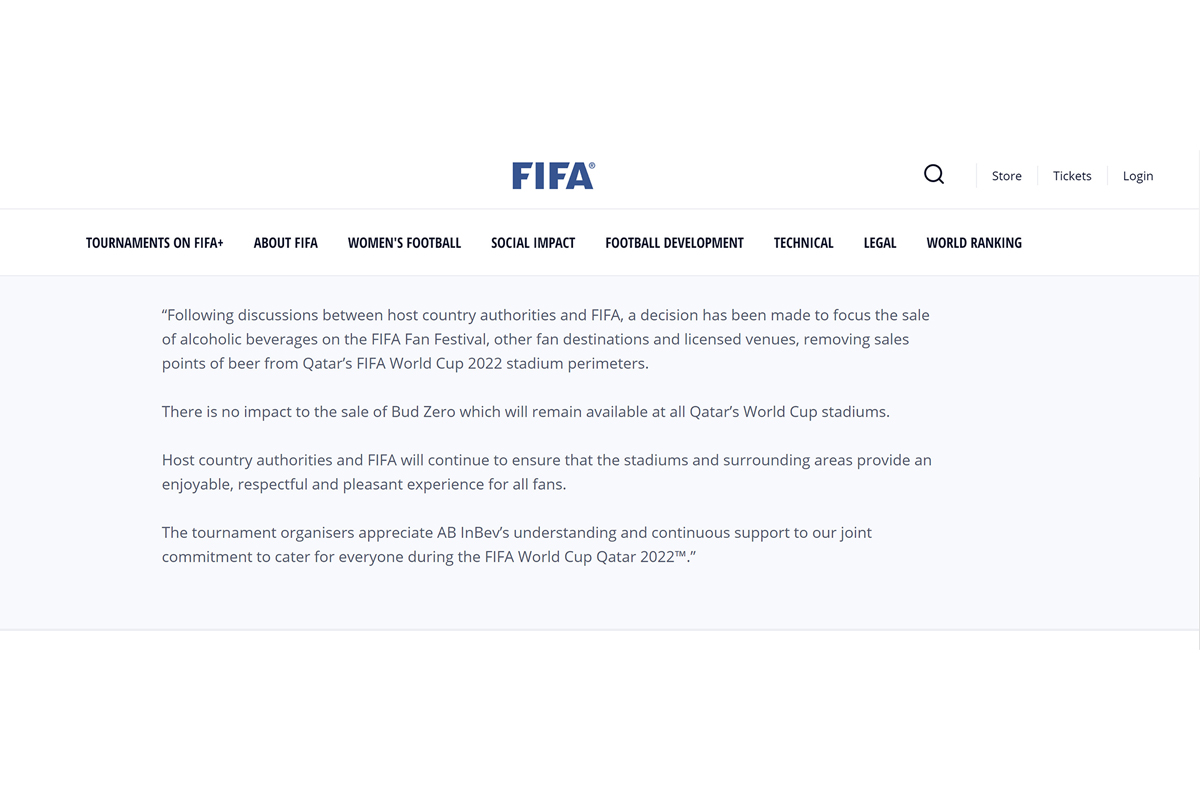 國際足協（FIFA）今日（18日）發聲明宣布，世界盃舉行期間除特定地點外，球場內外均取消售酒。（FIFA網頁擷圖）