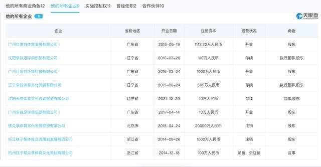 截至2022年11月17日，李鐵名下有9家關聯公司。（網絡截圖）