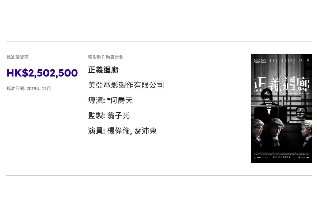 《正義迴廊》獲電影製作融資計劃批出250期元。（香港電影發展局網頁）