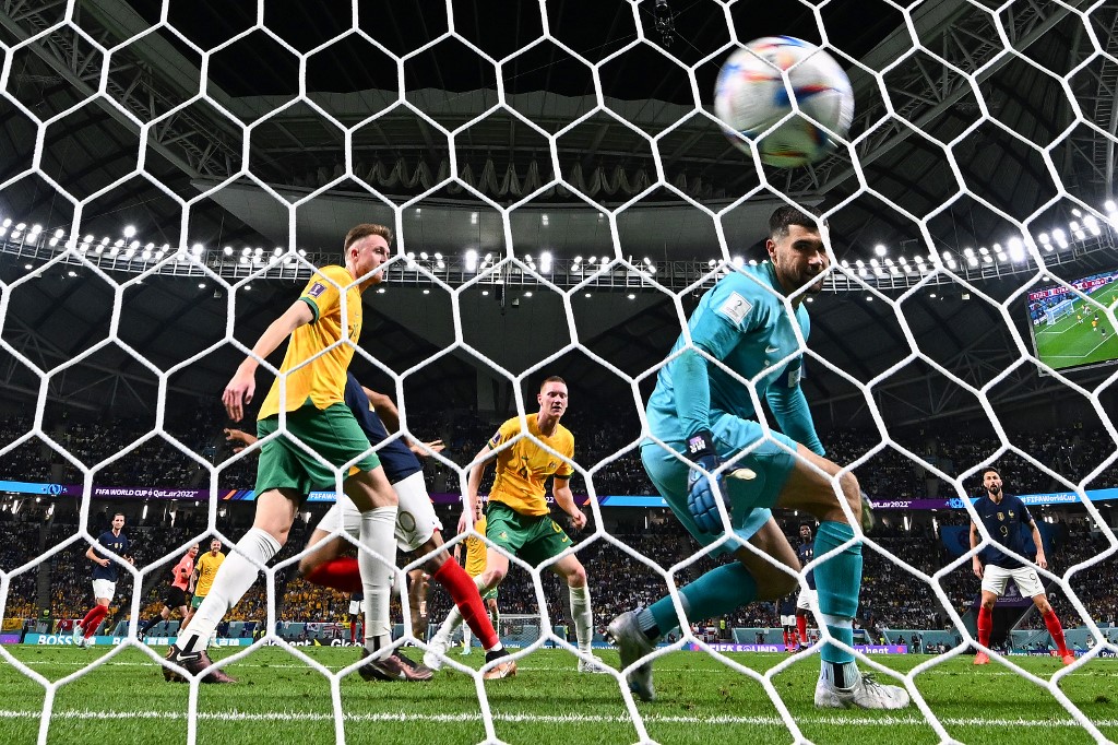 2022世界盃D組賽事，法國隊以4:1勝澳洲。圖為法國隊入球。（Chandan Khanna / AFP）