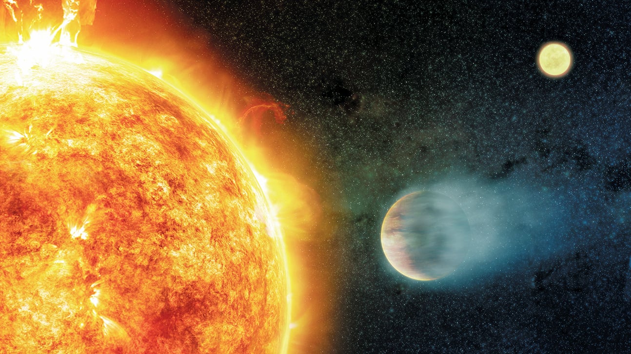 德國萊布尼茨天體物理研究所的研究顯示，有些熱木星可以延緩其母星老化的過程。圖為藝術家繪製的雙星系統與熱木星。（NASA/CXC/M.Weiss）