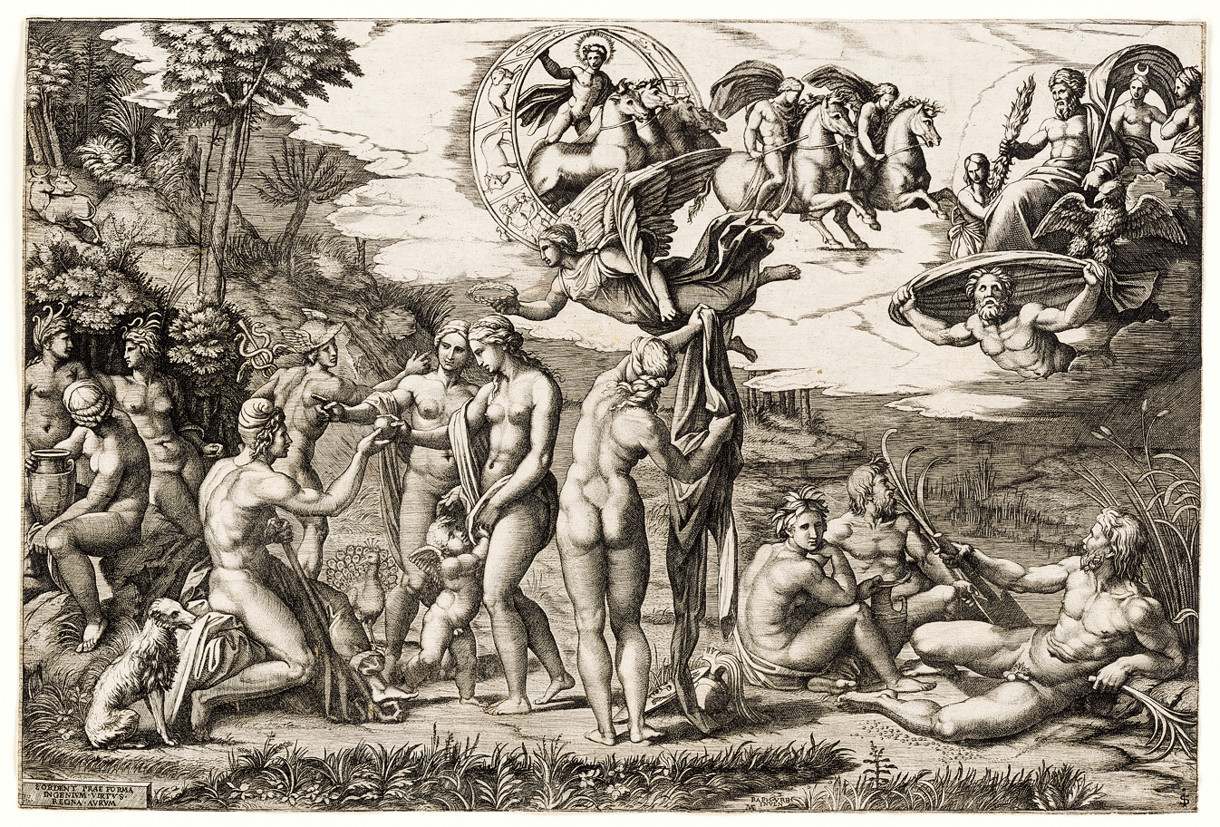▲ 馬坎托尼奧（仿拉斐爾油畫），《帕里斯的審判》（The Judgment of Paris），作於1510～1520年間，銅版畫，29.1×43.7 cm，紐約大都會藝術博物館藏。（公有領域）