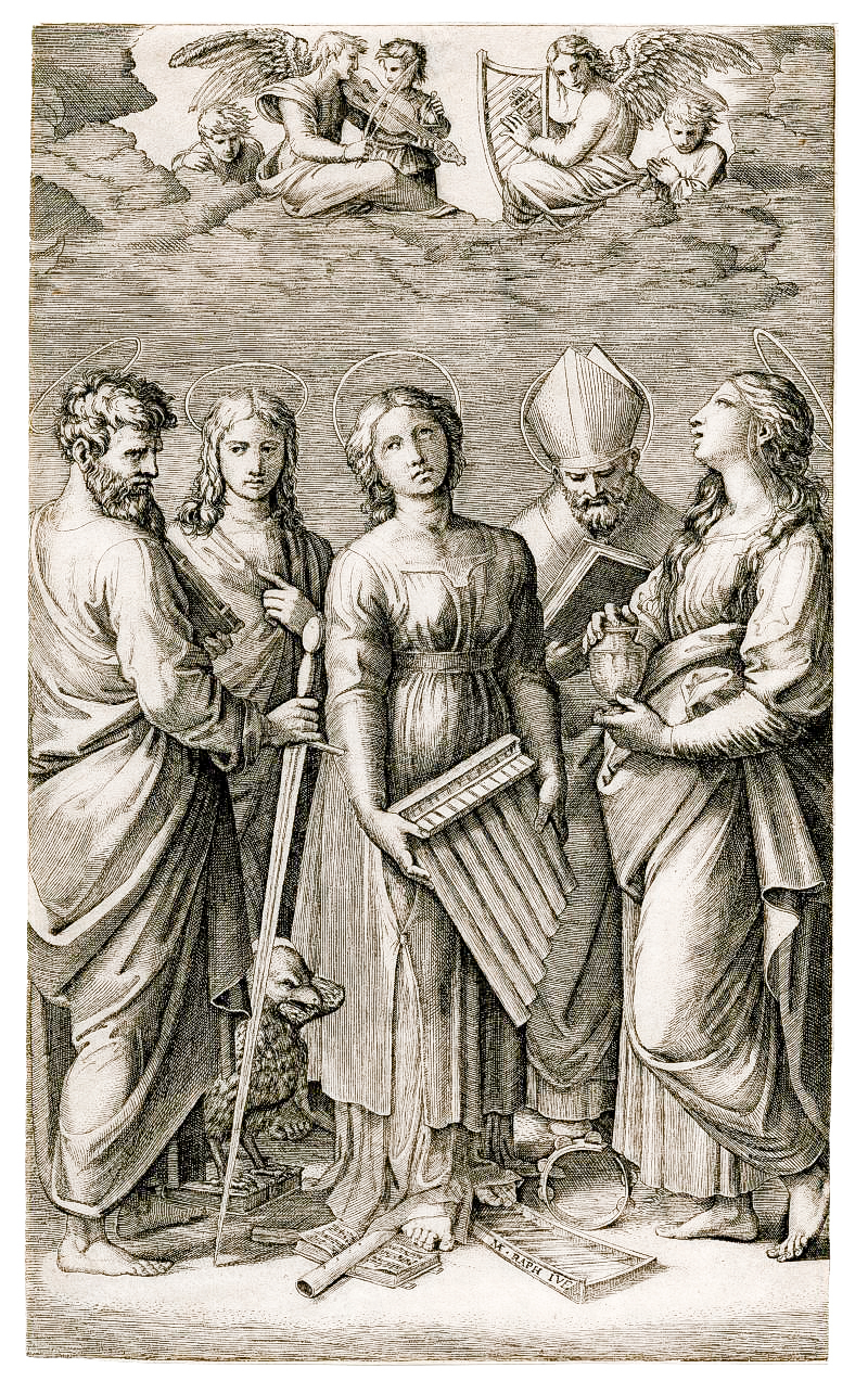  馬坎托尼奧（仿拉斐爾油畫），《聖切奇莉亞的狂喜》（The Ecstasy of St. Cecilia），作於1515～1516年間，美國加州維斯蒙特學院美術館藏。（公有領域）