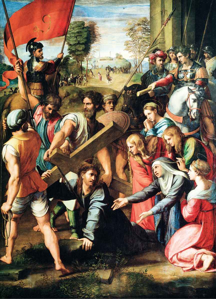  拉斐爾，《基督跌倒在去髑髏山的路上》（Christ Falling on the Way to Calvary），約1514～1516年作，木版轉布面油畫，318×229 cm，馬德里普拉多博物館藏。（公有領域）