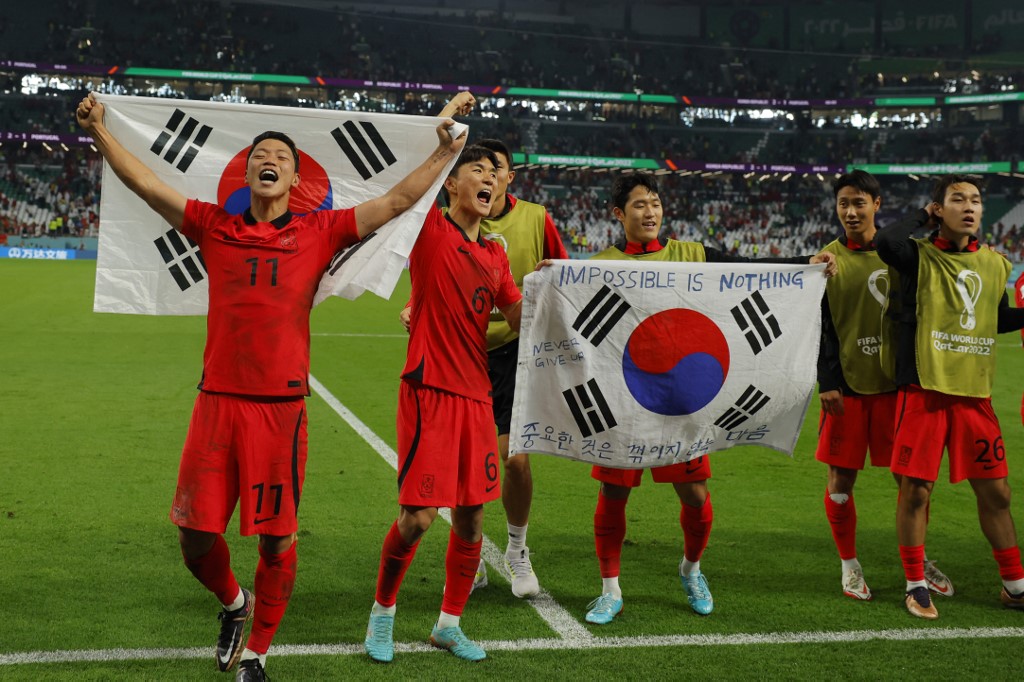 南韓成功反勝葡萄牙，以H組次名資格出線16強。（Odd ANDERSEN / AFP）