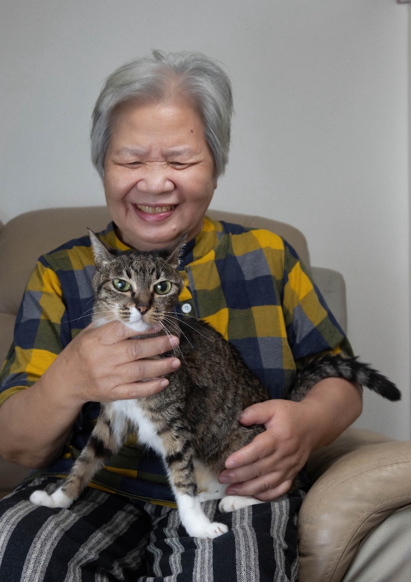 17歲老貓Eve和婆婆，婆婆到台灣放天燈，寫的願望竟然是「Eve健康」。（受訪者提供）