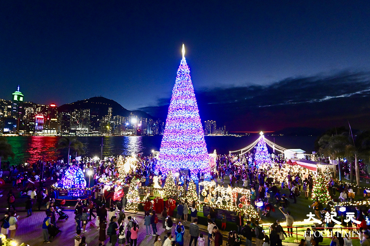 20米高巨型聖誕樹今年繼續登陸西九文化區藝術公園，夜幕降臨亮起彩燈，與維多利亞港的夜景相輝映，十分矚目。（宋碧龍／大紀元）