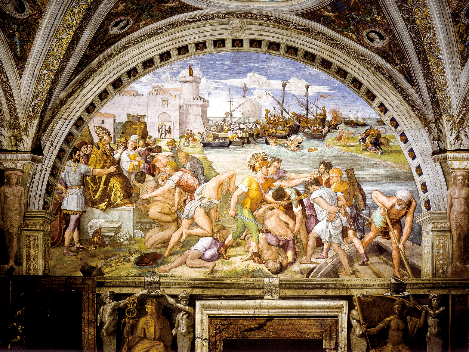 ▲ 拉斐爾，《奧斯蒂亞之戰》（Battle of Ostia），1514～1515年作，濕壁畫，底寬770 cm，梵蒂岡博物館藏。（公有領域）