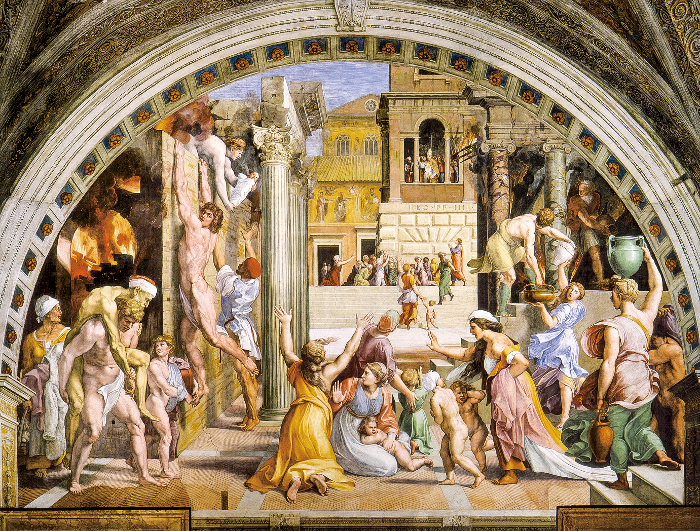 ▲ 拉斐爾，《博爾戈大火》（Fire in the Borgo），1514年作，濕壁畫，底寬670 cm， 梵蒂岡博物館藏。（公有領域）