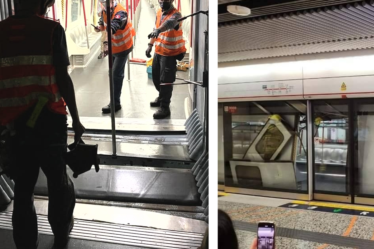港鐵將軍澳綫昨（5日）發生香港地鐵歷來第二宗脫卡意外（左圖），但是港鐵見傳媒時堅持稱是「列車之間接駁機件故障」，並不用「脫卡」形容。連同上月13日的油麻地站（右圖）及去年12月2日銅鑼灣站兩宗甩門，港鐵列車短短一年已經發生3宗威脅乘客性命的意外。（消防處Facebook圖片、香港交通資訊網fb圖片）
