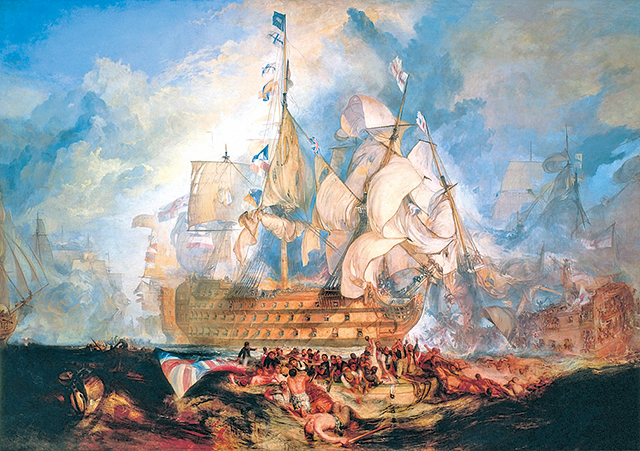 1805年10月21日，英國海軍與法國和西班牙的聯合艦隊在特拉法爾加海激戰5個小時，英軍的勝利打破了拿破崙進攻英國本土的計劃。此為J•M•W•透納1822年的畫作《特拉法爾加海戰》。（公有領域）