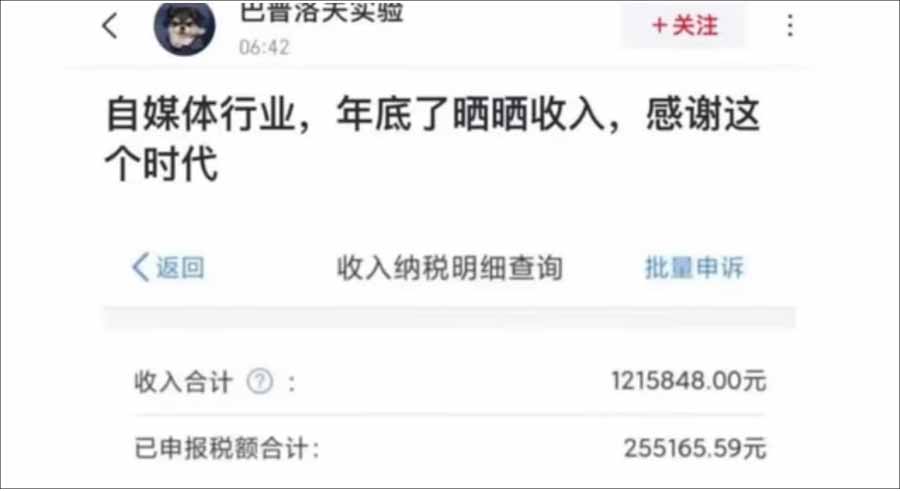全網火爆的文章，是一個海歸在中國的虎撲論壇發表，標題是：〈自媒體行業，年底了曬曬收入，感謝這個時代〉，現已刪除。（影片截圖）	