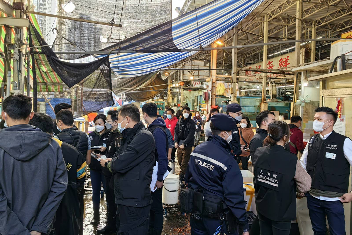 警方打擊非法入境者及非法勞工活動，今日清晨巡查香港仔魚類批發市場，截查142人。（警方提供）