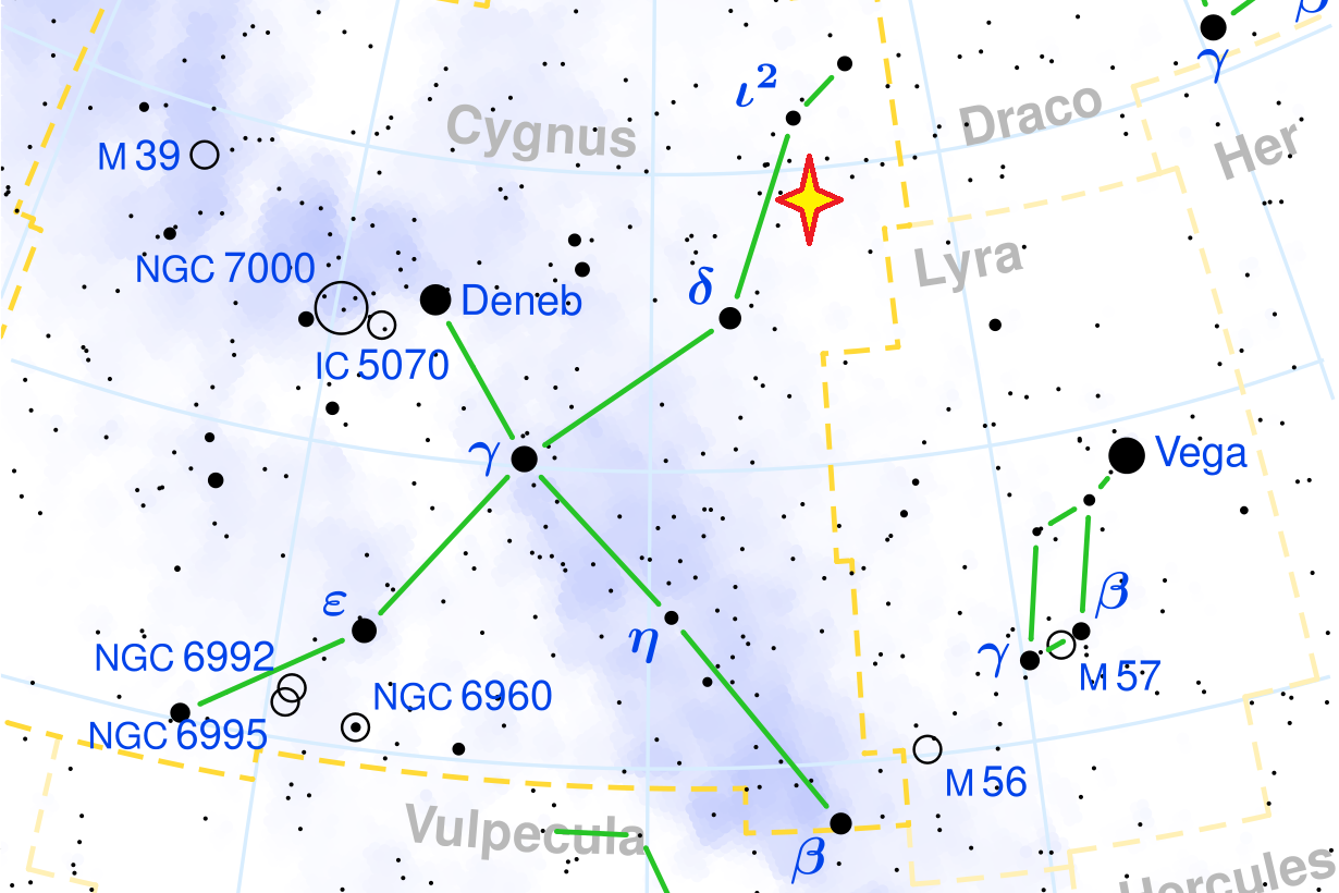 天鵝座（Cygnus）的北部將出現一個超新星，其距離僅為1800光年。（維基百科）