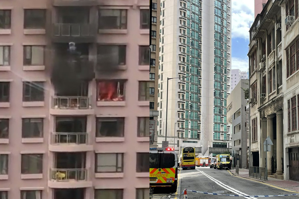 網上片段顯示單位起火，不斷有濃煙冒出。消防及救護到場。圖片來源（香港突發事故報料區Facebook專頁）