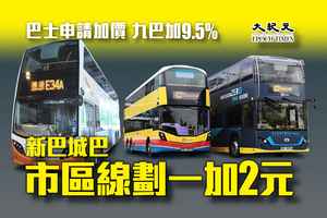 五專營巴士申加價 九巴加9.5％ 新巴城巴市區線劃一加2元
