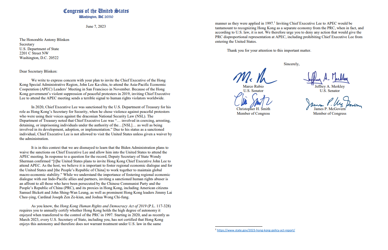 4位跨黨派美國國會議員近日聯署去信國務卿布林肯，反對邀請香港特首李家超出席11月APEC峰會。（聯署信截圖）