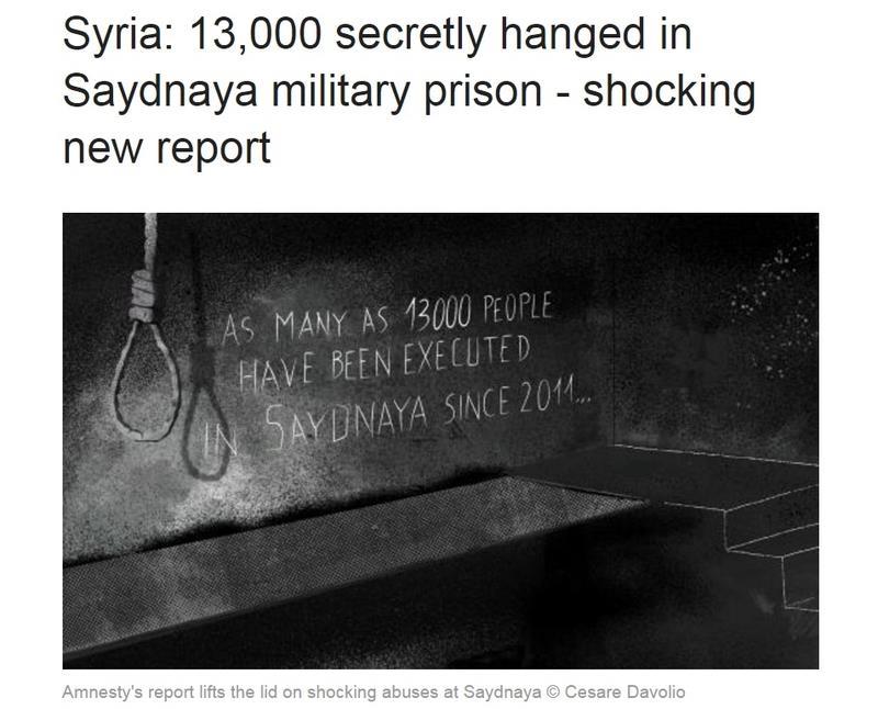 國際特赦組織發佈報告指出，敘利亞在5年間有多達1.3萬在政府監獄，遭秘密絞刑處死。（www.amnesty.org.uk）