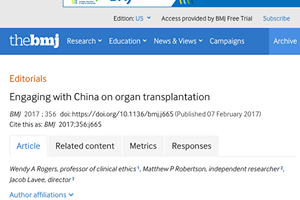 醫學雜誌：醫學界應暫停和中國移植醫生合作