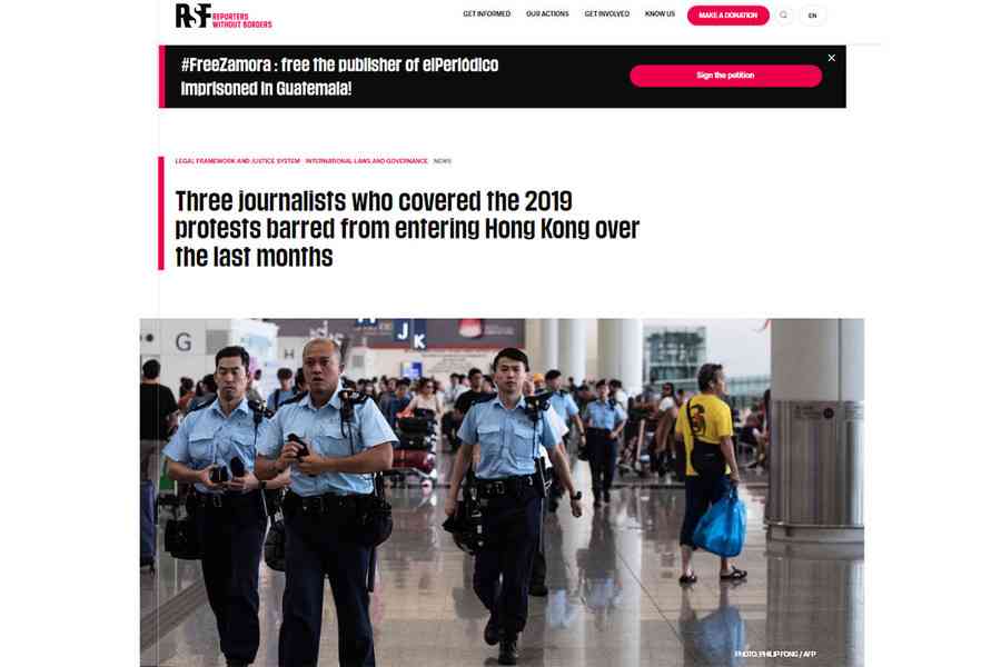 「無國界記者」批港府拒絕日美三記者入境