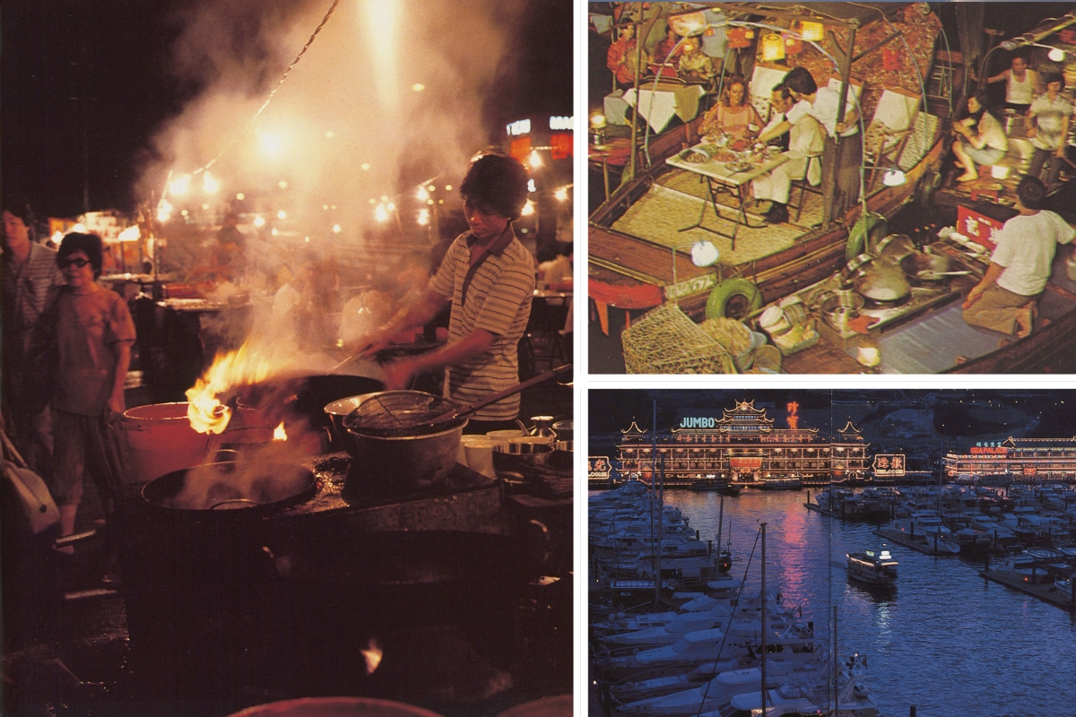 「港昔旅遊」網站圖片顯示「香港年報1983」中的大牌檔（左）；旅客在舢舨上享用海鮮餐（右上，摘自旅遊報章Orient）；香港仔的海鮮舫（右下，摘自香港年報1989）。（政府檔案處「港昔旅遊」網頁圖片）