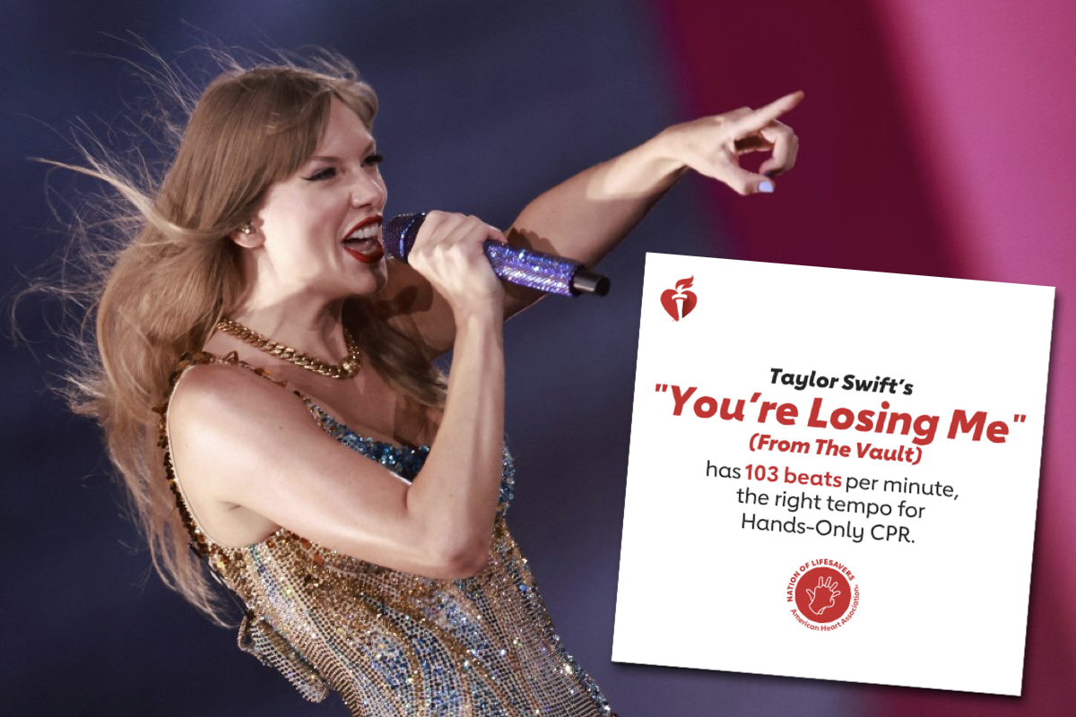 美國心臟研究協會日前在X發文表示，Taylor的《You're Losing Me》能拯救生命。（MICHAEL TRAN / AFP、American Heart Association推特）