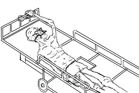 馬三家勞教所酷刑組合：「死人床」與「上開口器」，《馬三家來信》插圖。（孫毅繪）