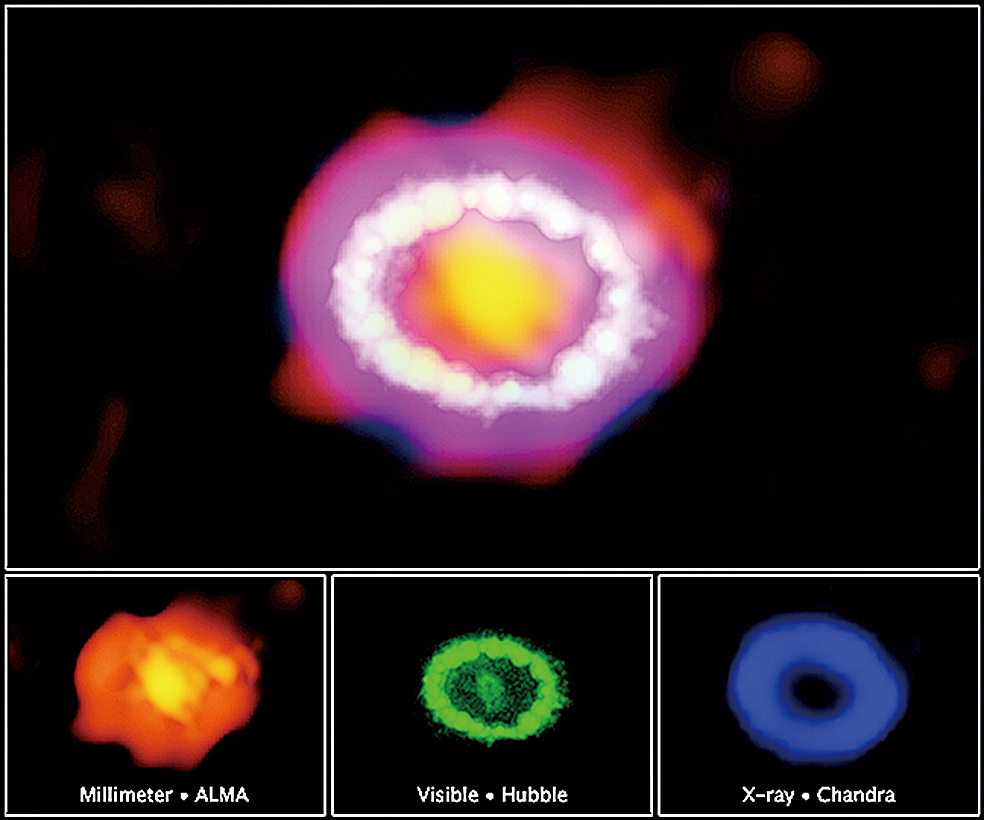 SN 1987A超新星圖像（上）由哈勃望遠鏡的可見光圖像（下中(綠色)）、錢德拉望遠鏡的X射線圖像（右下(藍色)）和阿塔卡瑪陣列望遠鏡的無線電波圖像（左下(紅色)）合成。（NASA）