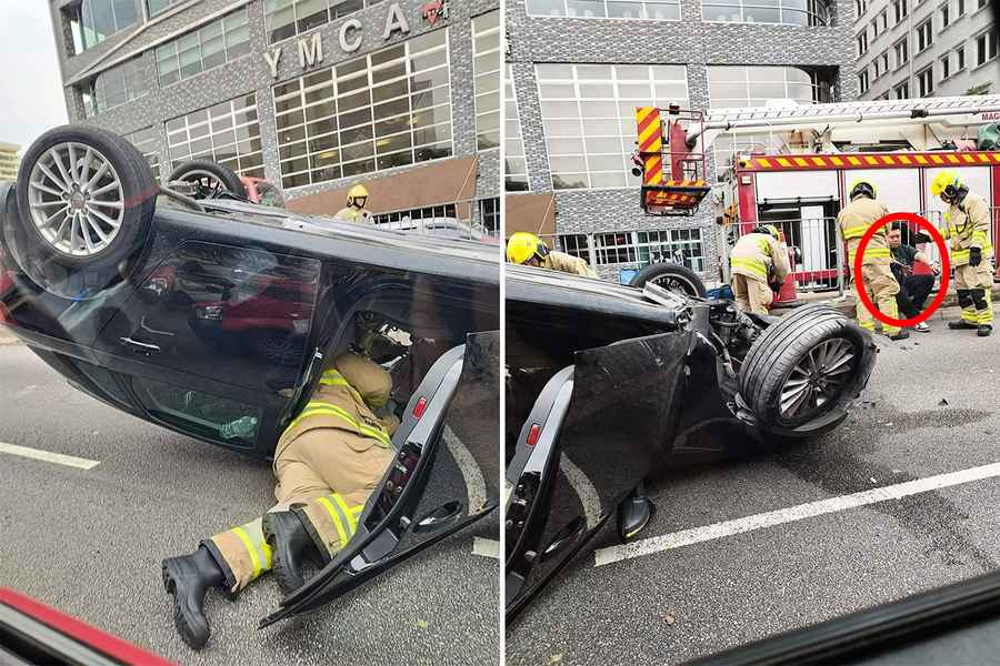 【有片】尖沙咀私家車撞壆反肚 消防救出司機送院