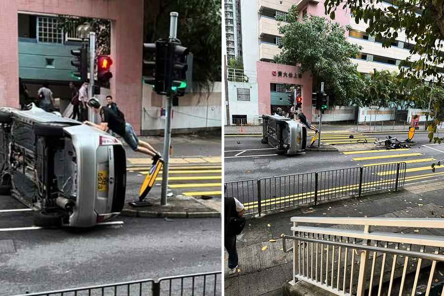 黃大仙私家車失事撞燈柱翻側 司機受輕傷