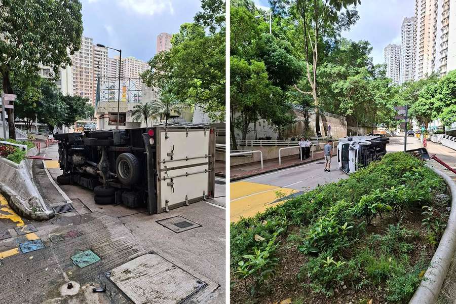 翠屏南邨貨車溜後撞欄翻側 司機認未拉好手掣