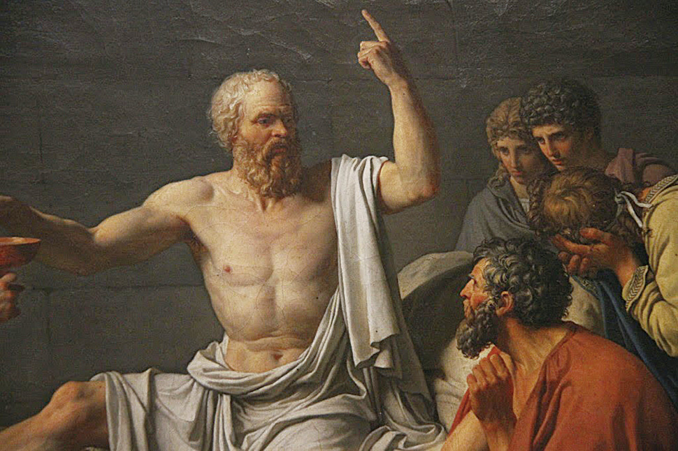 《蘇格拉底之死》局部，蘇格拉底在喝毒藥之前，向他的門徒們闡釋他為甚麼要選擇從容就義。（行雲提供）