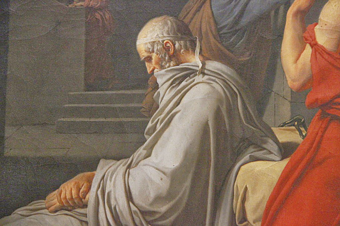 《蘇格拉底之死》局部，坐在畫面左端的柏拉圖。（行雲提供）