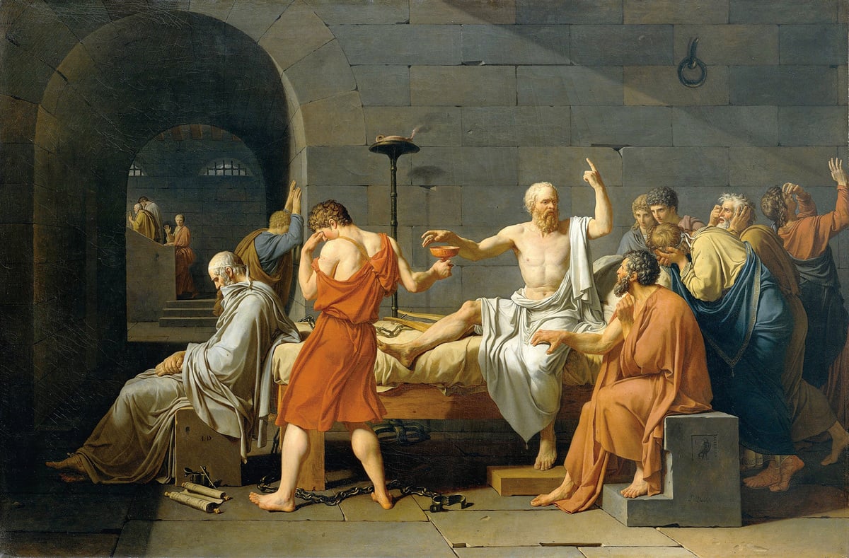 《蘇格拉底之死》，Jacques-Louis David作品，紐約市大都會美術館藏。（維基百科）