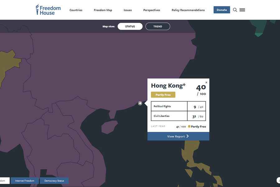 美國自由之家發表自由報告 香港列「部份自由」地區