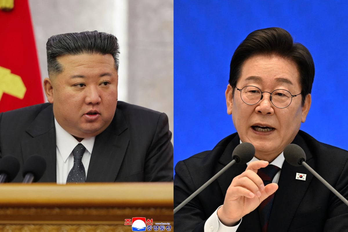 北韓最高領導人金正恩（左）及南韓總統李在明。（STR / KCNA VIA KNS / AFP ; KIM Min-Hee / POOL / AFP）