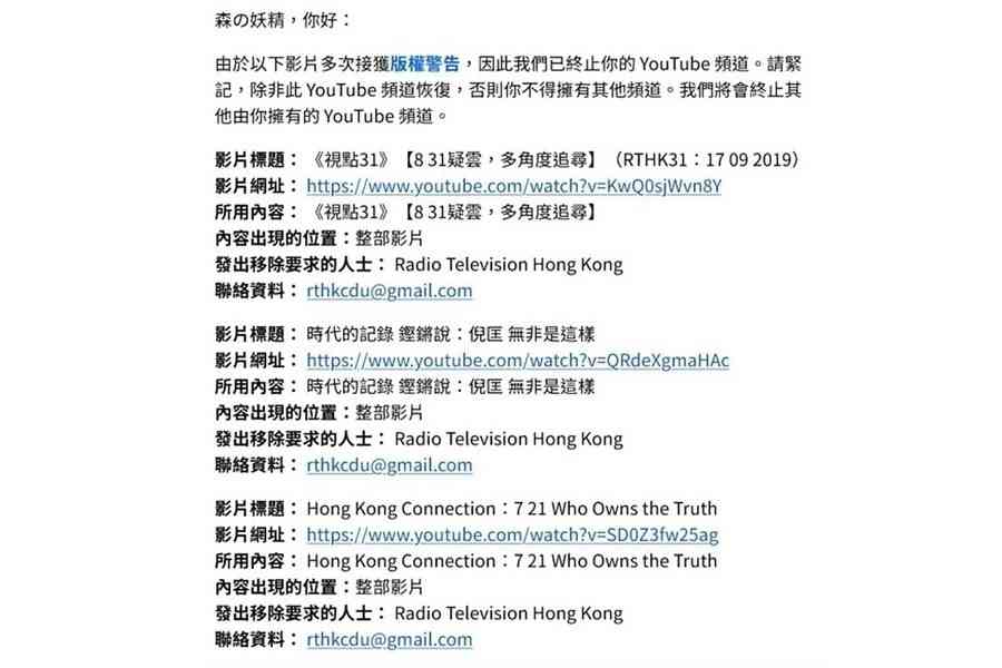 備份舊港台節目頻道被指侵權 遭YouTube終止