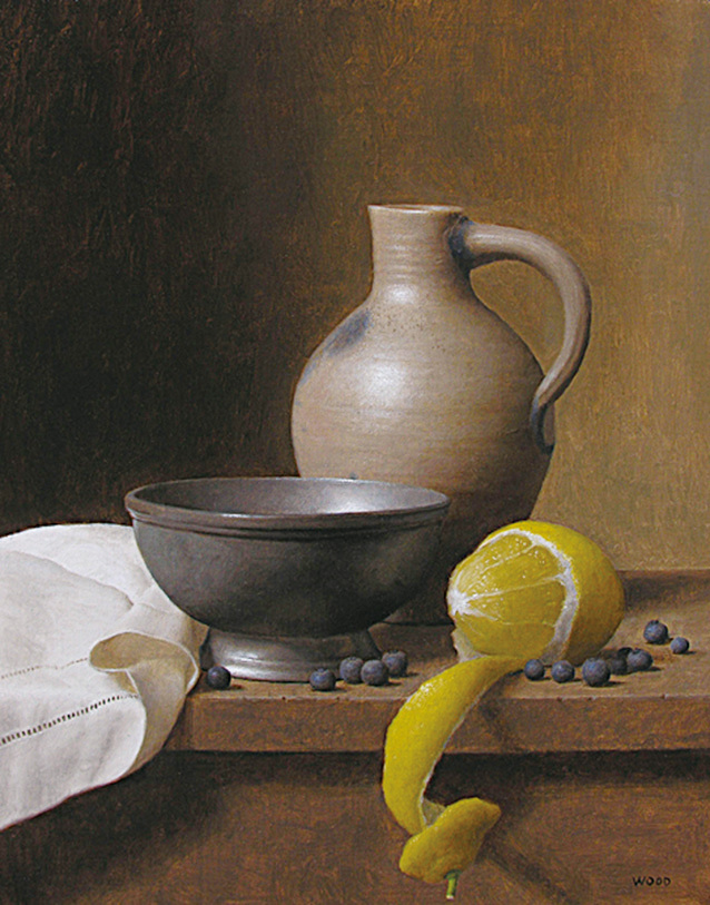 賈斯汀‧伍德（Justin Wood），《水罐和檸檬》（Jug and Lemon），2015年創作。布面油畫，14×11英吋。（Courtesy of Justin Wood）