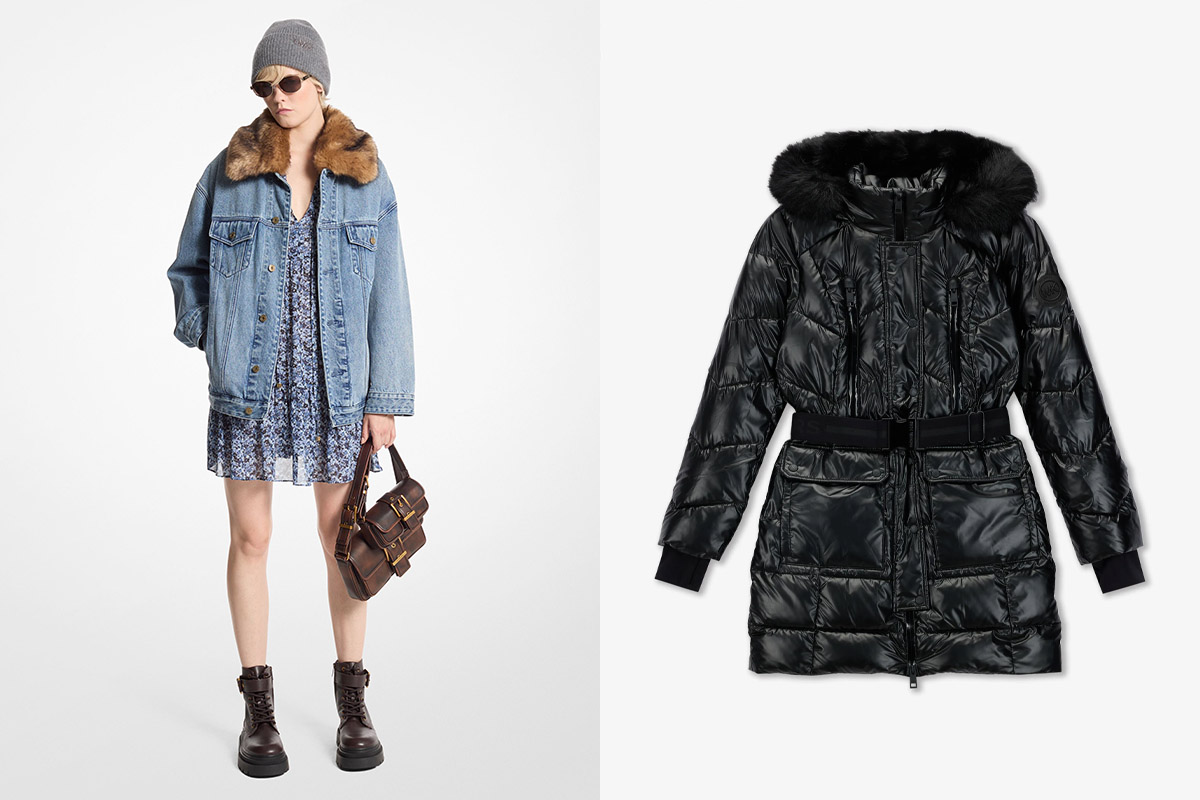 帶仿毛領設計的oversized牛仔外套（左）及中長款羽絨外套含腰帶。（公關提供）