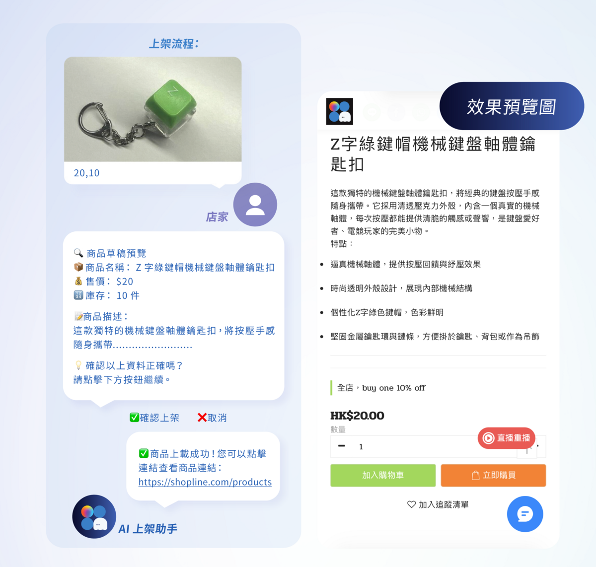 SHOPLINE推出的「AI上架助手」，針對中小企最耗時的產品上架任務，將流程極簡化為「隨手拍照，即時銷售」。透過將拍照、整理規格、撰寫文案及後台填表等瑣事交由 AI 處理，品牌主得以從日常營運中抽身，專注於產品研發與品牌敘事等高價值的創意策略。（SHOPLINE提供）