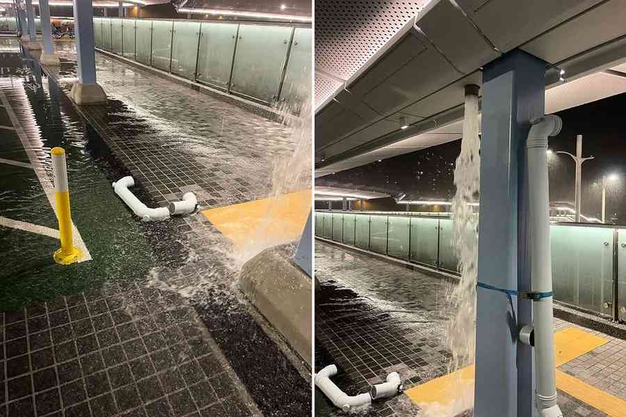 北都新地標一個月「破功」 龍躍頭天橋暴雨下變瀑布