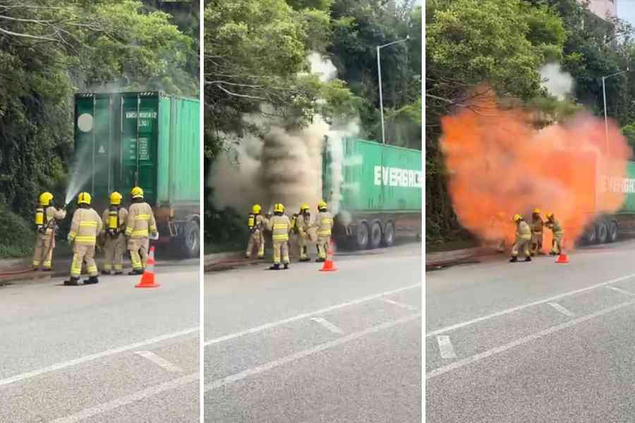 青衣貨櫃車冒煙 消防灌救突爆炸噴火球 幸無人傷