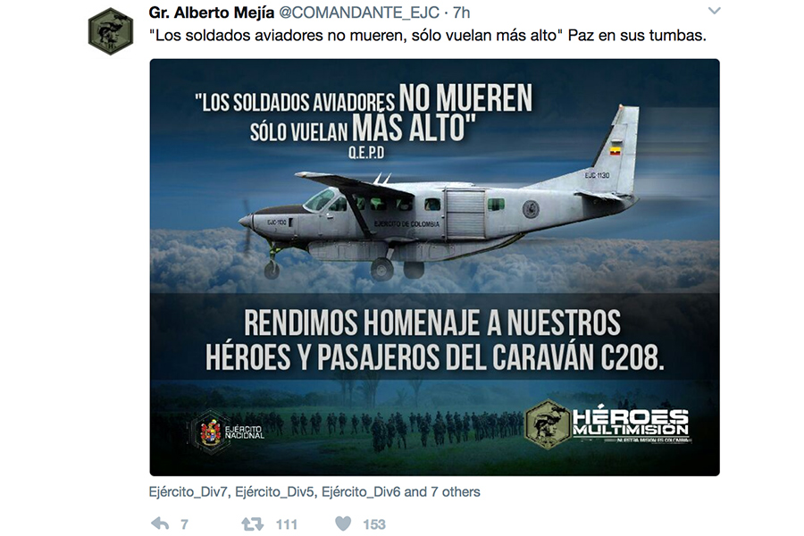 哥倫比亞總統桑托斯（Juan Manuel Santos）表示，1架軍用飛機在中部山丘墜毀，8人喪生。
