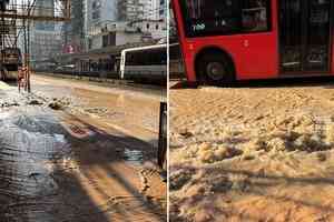 元朗爆水管水浸約150米 路面滿布泥沙 水務署搶修