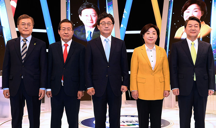 南韓將在周二（5月9日）舉行總統大選，據最新民調，南韓選民最關心的議題，不是目前全球矚目的朝鮮半島緊張局勢，頗令人意外。圖為五名候選人。（Kim Min-Hee-Pool/Getty Images）